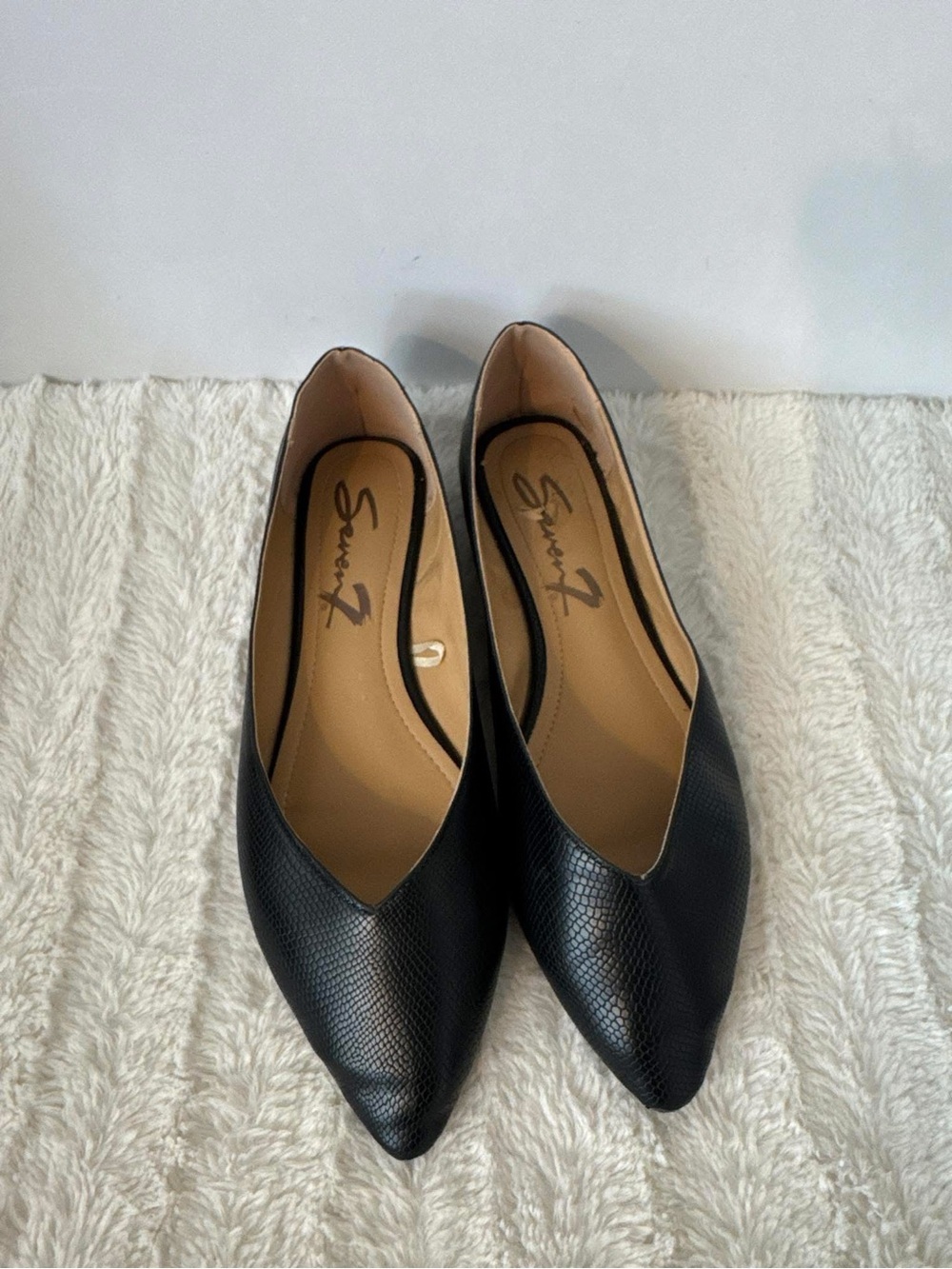 Seven7 - Nelly Flat in Black Vegan Leather Snake. Slip on, pointed toe. 10